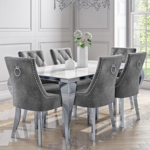 6 Seater Dining Set With White And Mirrored Table And Grey Velvet ... regarding Luxury Dining Table With Velvet Chairs